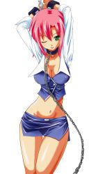  1girl arms_up bad_id bad_pixiv_id bdsm bondage bound breasts chain cleavage collar croupier cuffs green_eyes handcuffs highres hip_focus large_breasts midriff miniskirt naughty_face navel one_eye_closed pencil_skirt pink_hair rio_rollins simple_background skirt solo stargate_(artist) super_blackjack thighs wide_hips wink  rating:Sensitive score:39 user:Tamaia