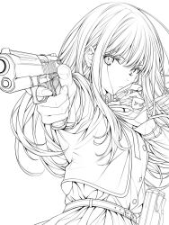  1girl artist_request gun inoue_takina lycoris_recoil monochrome pointing pointing_at_viewer school_uniform solo weapon white_background 