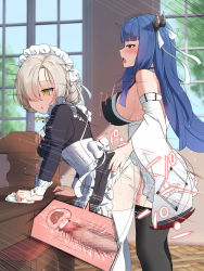 2girls akaoni_(zumt3548) apron ass_grab azur_lane bare_shoulders black_legwear blue_hair blunt_bangs blush braid breasts censored cervix cleaning clothed_sex clothes_lift corset covered_erect_nipples cross cross-section deep_penetration dress dress_lift dustcloth french_braid frilled_apron frills from_side futa_with_female futanari garter_straps hair_over_one_eye hair_ribbon highres horns ibuki_(azur_lane) juliet_sleeves large_breasts long_hair long_sleeves maid maid_apron maid_headdress mosaic_censoring motion_lines multiple_girls open_mouth penis platinum_blonde_hair puffy_long_sleeves puffy_sleeves red_eyes ribbon sex sex_from_behind sheffield_(azur_lane) standing standing_sex thighhighs two_side_up uterus vaginal very_long_hair white_apron white_legwear white_ribbon x-ray rating:Explicit score:366 user:danbooru