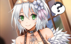  1girl 20nigu ? blurry blurry_background blush breasts brown_choker choker closed_mouth commentary_request commission cross dutch_angle feather_hair_ornament feathers flower fur_collar green_eyes grey_flower grey_hair hair_between_eyes hair_flower hair_ornament indoors long_bangs looking_at_viewer medium_breasts paid_reward_available ragnarok_online shadow_chaser_(ragnarok_online) short_hair skeb_commission smile solo spoken_question_mark upper_body window 