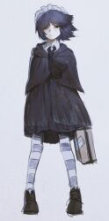  1girl ascot bad_source black_ascot black_capelet black_dress black_eyes black_footwear black_hair blue_hair capelet closed_mouth collared_shirt dress full_body futaba_channel grey_background grintasia hair_over_one_eye highres holding holding_suitcase looking_at_viewer maid_headdress nijiura_maids pantyhose shirt shoes short_hair simple_background sketch solo standing striped_clothes striped_pantyhose suitcase white_shirt yakui yellow_eyes 