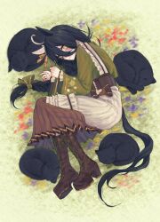  1girl absurdres ahoge animal_ears black_cat black_eyeliner black_hair boots bow braid cat commentary ear_covers ear_ornament ear_ribbon eyeliner girdle green_kimono highres horse_ears horse_girl horse_tail japanese_clothes kimono long_bangs long_hair long_sleeves makeup manhattan_cafe_(umamusume) manhattan_cafe_(verdant_night)_(umamusume) multiple_cats official_alternate_costume on_grass shironism single_braid single_ear_cover sleeves_past_wrists solo tail umamusume yellow_eyes 