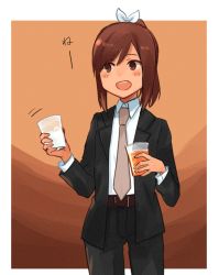 1girl alternate_costume annin_musou bad_id bad_twitter_id belt blush_stickers brown_background brown_eyes brown_hair collar commentary cowboy_shot cup dress_shirt formal hair_ribbon highres holding holding_cup i-401_(kancolle) jacket kantai_collection looking_away necktie open_mouth parted_bangs ponytail ribbon shirt short_hair solo standing suit_jacket tan rating:Sensitive score:0 user:danbooru