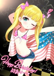  ! 10s 1girl 2017 american_flag bad_id bad_pixiv_id bare_arms bare_shoulders bikini bikini_top_only blonde_hair blunt_bangs blush bow character_name checkered_floor child collarbone cowboy_shot dated english_text eyebrows flat_chest frilled_bikini frills gradient_background hair_bow happy_birthday heart highres holding idolmaster idolmaster_cinderella_girls long_twintails mary_cochran navel one_eye_closed pink_bikini polka_dot polka_dot_bikini polka_dot_bow polka_dot_swimsuit pon_(p) short_shorts shorts solo standing star_(symbol) stomach striped swimsuit text_focus translation_request twintails 