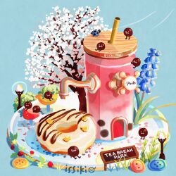  bubble_tea buttons cup doughnut drink drinking_straw flower food food_focus icing issiki_toaki lamppost mushroom no_humans original pastry tree 