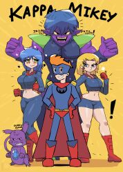  ! 2girls 3boys absurdres angry armor belt black_eyes blonde_hair blue_bodysuit blue_eyes blue_hair blue_mask blue_pants blue_shirt blue_shorts bodysuit boots breath cape colored_sclera colored_skin creature fangs gloves gold_belt gonard_(kappa_mikey) green_eyes grin guano_(kappa_mikey) hands_on_own_hips heart highres kappa_mikey lily_(kappa_mikey) long_hair long_sleeves looking_at_viewer mask midriff mikey_simon mitsuki_(kappa_mikey) multiple_boys multiple_girls navel nickelodeon open_mouth orange_hair pants purple_skin red_cape red_footwear red_gloves shirt short_hair shorts shoulder_pads smile sparkle superhero teeth tony_welt yellow_background yellow_sclera 