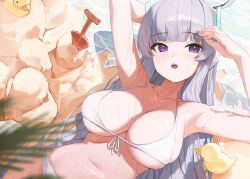  1girl :o absurdres arm_behind_head armpits arms_up beach bikini blue_archive blurry blurry_foreground blush breasts cleavage collarbone cowboy_shot dot_nose from_above front-tie_bikini_top front-tie_top gnns grey_hair highres large_breasts long_hair looking_at_viewer lying navel noa_(blue_archive) ocean on_back open_mouth plant planted planted_shovel purple_eyes rubber_duck sand sand_castle sand_sculpture shadow shovel sidelocks solo stomach straight_hair swimsuit waves wet wet_hair white_bikini 
