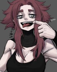  1girl black_eyes breasts grey_background limn044 open_mouth original red_hair roxan_(limn044) signature simple_background sketch solo tongue tongue_out  rating:Sensitive score:3 user:Toast_Skull01Z