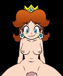  1girl animated animated_gif black_background blue_eyes bouncing bouncing_breasts breasts brown_hair closed_mouth completely_nude crown earrings flower flower_earrings groin happy highres jewelry legs mario_(series) medium_breasts nintendo nipples nude penis princess princess_daisy riding sex simple_background smile super_mario_land tomboy uncensored vaginal w.t.dinner 