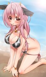 1girl animal_ears animal_print beach bell bikini blush breasts cleavage cow_ears cow_girl cow_horns cow_print cowbell day earrings full_body highres horns inuue_kiyu jewelry large_breasts long_hair necklace open_mouth original pink_hair red_eyes solo string_bikini swimsuit very_long_hair rating:Questionable score:24 user:danbooru