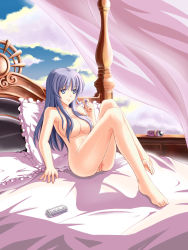  1girl arisu_(zzo900) arm_support bare_legs bed breasts falcom female_focus highres legs nude on_bed purple_eyes pussy reah_(ys) sitting sky solo uncensored ys 