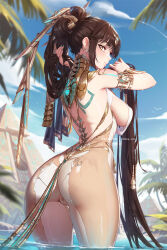  1girl armlet ass bare_shoulders black_hair blue_nails blue_sky blush bodysuit breasts closed_mouth commentary day english_commentary eve_(stellar_blade) from_behind hair_ornament hands_up large_breasts long_hair looking_at_viewer looking_back mitsu_(mitsu_art) nail_polish outdoors paid_reward_available partially_submerged patreon_username ponytail sky solo stellar_blade thighs water yellow_eyes 
