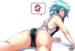 1girl anger_vein aqua_eyes aqua_hair artist_name ass black_one-piece_swimsuit competition_swimsuit dated flying_sweatdrops from_behind hair_ornament hairclip highres looking_at_viewer looking_back lying on_stomach one-piece_swimsuit short_hair simple_background sinon solo speech_bubble spoken_anger_vein swimsuit sword_art_online tsuchimiya upper_body white_background rating:Sensitive score:59 user:danbooru