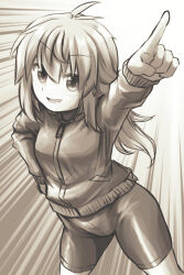  1girl :d antenna_hair arm_up bike_shorts blush breasts commentary_request gradient_background grey_background hair_between_eyes hand_on_own_hip highres jacket koshirae_tsurugi_(m.m) long_hair long_sleeves looking_at_viewer m.m monochrome open_mouth original outstretched_arm pointing puffy_long_sleeves puffy_sleeves small_breasts smile solo standing track_jacket white_background 