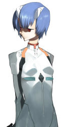 1girl arms_behind_back artist_request ayanami_rei blue_hair bodysuit cowboy_shot creepy flat_chest hair_ornament half-closed_eyes highres interface_headset looking_to_the_side neon_genesis_evangelion pale_skin pilot_suit plugsuit red_eyes short_hair simple_background skinny solo turtleneck white_background  rating:Sensitive score:12 user:danbooru