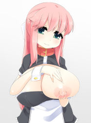 1girl blush breasts collar covered_erect_nipples female_focus green_eyes huge_breasts lactation long_hair looking_at_viewer nipples pedocchi pink_hair smile solo rating:Questionable score:57 user:joeyjoe