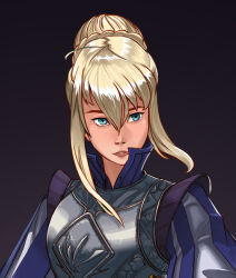  1girl ahoge armor armored_dress artoria_pendragon_(all) artoria_pendragon_(fate) blonde_hair blue_dress blue_eyes braid breastplate commentary dress english_commentary fate/stay_night fate_(series) grey_background hair_between_eyes hair_bun high_collar highres portrait puff_and_slash_sleeves puffy_sleeves redesign saber_(fate) sidelocks solo thunderpowered 
