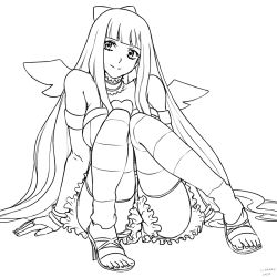  10s 1girl breasts drawfag lineart long_hair monochrome panty_&amp;_stocking_with_garterbelt signature sitting smile solo stocking_(psg) very_long_hair wings  rating:Sensitive score:33 user:daredesuka