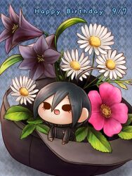  1boy ahoge argyle argyle_background baseball_cap black_eyes black_hair black_hat black_jacket black_pants blue_background buttons chibi collared_jacket commentary_request daisy danganronpa_(series) danganronpa_v3:_killing_harmony dated double-breasted english_text eyelashes flower gradient_background hair_between_eyes happy happy_birthday hat high_collar in_hat jacket layered_sleeves leaf light_blush lily_(flower) long_sleeves looking_ahead male_focus mini_person miniboy open_mouth pants peony_(flower) pink_flower pinstripe_jacket pinstripe_pants pinstripe_pattern pocket purple_flower saihara_shuichi short_hair simple_background smile solid_eyes solo unmoving_pattern white_flower yumaru_(marumarumaru) 