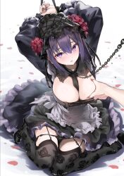  1girl arms_up between_breasts black_hairband body_writing bonnet bound breasts chain chain_leash cleavage_cutout clothing_cutout commentary_request cosplay floral_print flower garter_straps gothic_lolita grabbing grabbing_another&#039;s_breast hairband highres kitagawa_marin kuroe_shizuku kuroe_shizuku_(cosplay) large_breasts leash lolita_fashion looking_at_viewer meme nail_polish necktie necktie_between_breasts nylon_(nylon_100) panties panty_pull pov_cheek_grabbing_(meme) print_thighhighs purple_eyes purple_hair rose shoes simple_background sitting solo sono_bisque_doll_wa_koi_wo_suru sweatdrop tally thighhighs underwear unworn_shoes wariza wig 