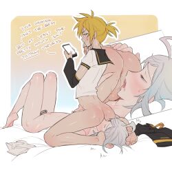  2boys absurdres ahoge anilingus anus arched_back ass ass_grab black_sailor_collar black_sleeves blonde_hair blue_eyes bottomless boy_on_top cellphone chastity_cage clothed_male_nude_male commission detached_sleeves dimples_of_venus english_text grabbing_another&#039;s_ass grey_hair grin groping half-closed_eyes highres holding holding_phone huge_ahoge kagamine_len lacryboy lying male_focus medium_hair multiple_boys nude on_back on_bed penis perineum phone plantar_flexion precum sailor_collar saliva saliva_trail short_hair short_ponytail smartphone smile tan testicles trap trap_on_trap utatane_piko vocaloid yaoi  rating:Explicit score:156 user:danbooru