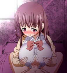  1boy 1girl blush breasts brown_hair cum cum_in_clothes cum_through_clothes ejaculation ejaculation_under_clothes facing_viewer grabbing_own_breast hetero highres huge_breasts large_penis looking_at_viewer lying paizuri paizuri_under_clothes penis pov purple_eyes uncensored ushinu 