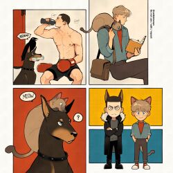  2boys ? adam_parrish animal animal_ears animal_on_shoulder bird black_hair black_shorts blonde_hair blue_eyes book boxing_gloves buzz_cut cat cat_boy cat_ears cat_tail catbishonen chainsaw_(the_raven_cycle) cowboy_shot crossed_arms crow dog dog_boy dog_ears drinking freckles full_body hands_in_pockets highres holding holding_book kemonomimi_mode looking_at_viewer male_focus multiple_boys ronan_lynch short_hair shorts sitting smile spoken_question_mark straight-on tail the_raven_cycle toned toned_male very_short_hair 