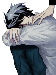  1boy 1other ambiguous_gender arms_on_knees behind_another black_eyes black_hair black_pants crossed_arms death_note feet_out_of_frame from_side hand_on_another&#039;s_shoulder head_down head_on_knees highres knees_to_chest l_(death_note) long_sleeves looking_at_another looking_back male_focus out_of_frame pants parted_lips shirt short_hair simple_background sitting tada_(anuanu134) white_background white_shirt 