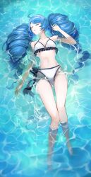 1girl absurdres ahoge alternate_costume bikini blue_hair breasts cleavage closed_eyes drill_hair gwen_(league_of_legends) hand_up highres league_of_legends lying medium_breasts navel on_back rayn87250715 small_breasts smile solo stomach swept_bangs swimsuit twin_drills twintails white_bikini rating:Sensitive score:14 user:danbooru