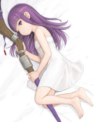  1girl absurdres aged_down barefoot blunt_bangs breasts dress fern_(sousou_no_frieren) highres kuroshiro00 long_hair looking_at_viewer purple_eyes purple_hair sidelocks small_breasts solo sousou_no_frieren staff white_dress 
