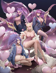 4girls absurdres ahri_(league_of_legends) akali animal_ears bare_shoulders belt blazer blonde_hair blue_choker blue_eyes blue_hair blue_nails bow bracelet braid breasts brown_eyes bustier chain chair choker cleavage closed_mouth clothes_writing coat coin denim denim_jacket double_bun dress earrings evelynn_(league_of_legends) eyeshadow fox_ears fox_girl fox_tail fur gem glasses gold hair_bun hair_over_shoulder heart heart-shaped_glasses heart-shaped_sunglasses high_heels high_ponytail highres idol jacket jewelry jz k/da_(league_of_legends) k/da_ahri k/da_akali k/da_evelynn k/da_kai&#039;sa kai&#039;sa large_breasts league_of_legends leg_warmers legs leotard lips lipstick long_sleeves looking_at_viewer makeup medium_breasts midriff mole mole_under_eye multiple_girls nail_polish navel necklace open_clothes open_jacket pants pink-tinted_eyewear pink_bow pink_choker pink_dress pink_footwear pink_leotard pink_lips pink_nails pink_shirt purple_hair purple_lips purple_nails red_lips ring shirt shoes short_dress sitting smile sneakers squatting standing sunglasses swept_bangs tail thigh_strap thighhighs thighlet thighs tinted_eyewear twin_braids zipper zipper_pull_tab rating:Sensitive score:79 user:danbooru