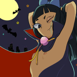  1girl animal arms_behind_head arms_up bat_(animal) black_cape black_eyes black_hair blue_bow bow building cape disney flat_chest full_moon hair_bow halloween halloween_costume loli long_hair looking_at_viewer moon naked_cape night night_sky nipples nude oira_wa_arumajiro one_eye_closed phineas_and_ferb sky skyscraper smile stacy_hirano standing star_(symbol) upper_body vampire wink 