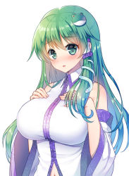  1girl aqua_eyes bare_shoulders blush breasts collared_vest detached_sleeves frog_hair_ornament green_hair hair_ornament hair_tubes hands_on_own_chest kochiya_sanae large_breasts long_hair long_sleeves looking_at_viewer mauve navel nontraditional_miko open_mouth snake_hair_ornament touhou upper_body vest white_vest wide_sleeves wing_collar  rating:Sensitive score:10 user:danbooru