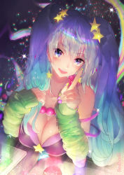 1girl aqua_hair arcade_sona artist_name bad_id bad_pixiv_id blue_eyes blue_hair breasts cleavage earrings fingernails gradient_hair hair_ornament highres index_finger_raised jewelry league_of_legends long_hair looking_at_viewer medium_breasts multicolored_hair nail_polish necklace open_mouth purple_nails red_hod smile solo sona_(league_of_legends) star_(symbol) star_earrings star_hair_ornament twintails rating:Sensitive score:13 user:danbooru