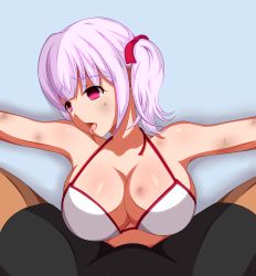  1boy 1girl absurdres beaten breasts cleavage defeat empty_eyes highres large_breasts open_mouth purple_eyes rim_(artist) saliva short_hair tongue tongue_out twintails unconscious  rating:Questionable score:32 user:Cosby_