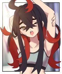  1girl ;o alternate_costume arm_up armpits black_hair blurry blurry_background border carmine_(pokemon) collarbone commentary_request creatures_(company) crossed_bangs eyelashes fu_(tk1189227dhy) game_freak hair_between_eyes highres long_hair looking_at_viewer messy_hair mole mole_under_eye nintendo one_eye_closed outside_border pokemon pokemon_sv red_hair solo tears teeth upper_body upper_teeth_only white_border yawning yellow_eyes 