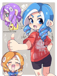  +++ 1girl alternate_costume alternate_eye_color alternate_hair_color blue_eyes blue_hair blush commentary_request eromame fang green_eyes inkling_(language) long_hair looking_at_viewer multicolored_hair multiple_views nintendo octoling octoling_girl octoling_player_character open_mouth orange_hair purple_hair shirt shorts simple_background smile splatoon_(series) splatoon_3 t-shirt tentacle_hair thumbs_up two-tone_hair 