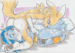 ! !! 2girls 69 absurdres aged_down animal_ears animal_hands aqua_eyes ass black_sclera blue_eyes blue_hair breasts claws colored_sclera cunnilingus daigaijin digimon digimon_(creature) emphasis_lines female_focus fox_ears fox_tail full_body furry furry_female hairband half-closed_eye heart highres krystal licking loli looking_down lying multiple_girls navel nintendo nipples nude on_back one_eye_closed open_mouth oral pink_background pussy pussy_juice renamon saliva shin_guards short_hair simple_background small_breasts star_fox straddling sweat tail tiara tongue tongue_out traditional_media uncensored uneven_eyes vambraces yuri rating:Explicit score:21 user:AngryZapdos