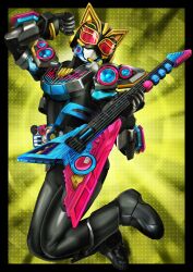  1girl animal_ears animal_hands armor axe beat_axe beat_buckle belt black_bodysuit black_gloves bodysuit boots cat_ears clenched_hand desire_driver driver_(kamen_rider) electric_guitar gibson_flying_v gloves guitar headset highres holding holding_instrument instrument kamen_rider kamen_rider_geats_(series) kamen_rider_na-go keytar looking_at_viewer masukudo_(hamamoto_hikaru) microphone music playing_instrument raise_buckle red_eyes rider_belt tokusatsu 
