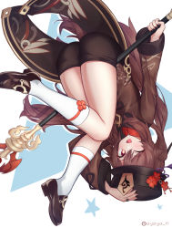 1girl ass ayaya_(ayaya_ri) black_nails blush brown_hair chinese_clothes flower-shaped_pupils from_behind genshin_impact hat highres hu_tao_(genshin_impact) kneehighs loafers long_hair looking_at_viewer nail_polish one_eye_closed open_mouth polearm red_eyes shoes shorts smile socks solo spear symbol-shaped_pupils very_long_hair weapon white_socks rating:Sensitive score:49 user:armorcrystal