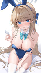 1girl absurdres animal_ears aqua_bow aqua_bowtie bare_shoulders blonde_hair blue_archive blue_eyes blue_hair blue_halo blue_leotard bow bowtie breasts cleavage condom covered_erect_nipples detached_collar fake_animal_ears halo highleg highleg_leotard highres large_breasts leotard long_hair looking_at_viewer multicolored_hair official_alternate_costume playboy_bunny rabbit_ears solo strapless strapless_leotard streaked_hair thighhighs toki_(blue_archive) toki_(bunny)_(blue_archive) white_thighhighs wrist_cuffs yuuichi_yuiko