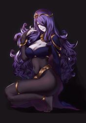  1girl absurdres ass bad_id bad_pixiv_id black_background bodystocking breasts bridal_gauntlets camilla_(fire_emblem) cape cleavage cosplay dark_mage_(fire_emblem_awakening) feet fire_emblem fire_emblem_awakening fire_emblem_fates hair_over_one_eye highres kneeling large_breasts lips long_hair navel nintendo no_shoes purple_hair shiomi_(shiomi101010) sidelocks smile solo tharja_(cosplay) tharja_(fire_emblem) thighs tiara toes very_long_hair wavy_hair 