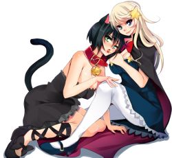  2girls animal_ears bell black_hair blonde_hair blue_eyes blush cat_ears cat_tail collar dress finger_in_another&#039;s_mouth green_eyes hair_ornament halloween jingle_bell mary_janes multiple_girls neck_bell original pantyhose pet_play shoes short_hair sitting star_(symbol) tail white_pantyhose yuri yuri_(purinlove) 