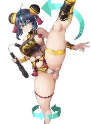  1girl ahoge aqua_eyes bare_arms bare_shoulders black_dress black_hair blue_hair bracer breasts bun_cover cameltoe china_dress chinese_clothes clothing_cutout colored_inner_hair covered_erect_nipples curvy dress hair_intakes hair_ornament high_kick highres holding holding_nunchaku holding_weapon kicking large_breasts looking_at_viewer microdress multicolored_hair navel_cutout nishii_(damnedrive) nunchaku open_mouth original paid_reward_available panties pantyshot puffy_nipples sideboob sideless_dress sidelocks solo streaked_hair tassel tassel_hair_ornament thick_thighs thigh_strap thighlet thighs two-tone_dress underwear upskirt v-shaped_eyebrows weapon white_panties yellow_dress 