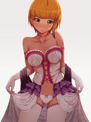 10s 1girl blonde_hair blush breasts clothes_lift collarbone corset dress dress_lift gloves green_eyes hadome highres idolmaster idolmaster_cinderella_girls jewelry lingerie looking_at_viewer miyamoto_frederica navel necklace panties see-through shawl short_hair showgirl_skirt simple_background solo thighhighs underwear white_gloves white_panties white_thighhighs rating:Questionable score:40 user:danbooru