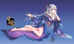 1girl atdan bare_legs barefoot blue_kimono breasts bug butterfly butterfly_hair_ornament character_request closed_mouth full_body grey_hair grey_nails hair_ornament hairclip insect japanese_clothes kimono logo long_hair mahjong_soul nail_polish solo