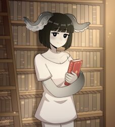  1girl abbi_(omori) absurdres aoiro_arts black_eyes black_hair blunt_bangs bookshelf breasts cleavage closed_mouth commission highres ladder library looking_at_viewer omori pale_skin personification shirt short_hair short_sleeves small_breasts smile solo tentacle_hair white_shirt 
