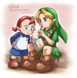  2boys anniversary aogaeru_(pixiv46613656) bandana blonde_hair blue_eyes blue_shorts boots brown_footwear brown_hair dated green_skirt green_tunic highres holding holding_notebook jim_(zelda) leather leather_boots link long_sleeves multiple_boys nintendo notebook phrygian_cap pointy_ears red_bandana shorts skirt the_legend_of_zelda the_legend_of_zelda:_majora&#039;s_mask young_link 