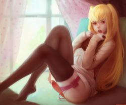  1boy alternate_legwear anal anal_object_insertion androgynous bad_id bad_pixiv_id bed black_thighhighs blonde_hair bottomless clothes_lift crossdressing cum day dress dress_lift erection highres hose indoors long_hair looking_at_viewer male_focus maria_holic no_panties object_insertion open_mouth penis precum realistic red_eyes remote_control_vibrator sex_toy shidou_mariya solo tears thigh_strap thighhighs tongue trap twintails two_side_up ulrik vibrator vibrator_in_anus  rating:Explicit score:351 user:Ulrikchan