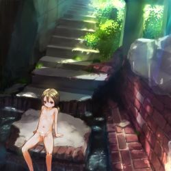 1girl arm_support bad_id bad_pixiv_id brown_eyes brown_hair casual_nudity cleft_of_venus day feet_out_of_frame female_focus flat_chest groin loli long_hair nipples nude nudist original outdoors pussy ruins running_bond scenery shade short_twintails sitting small_areolae small_nipples solo stairs sunlight twintails uncensored water yamada_(gotyui) rating:Explicit score:407 user:danbooru